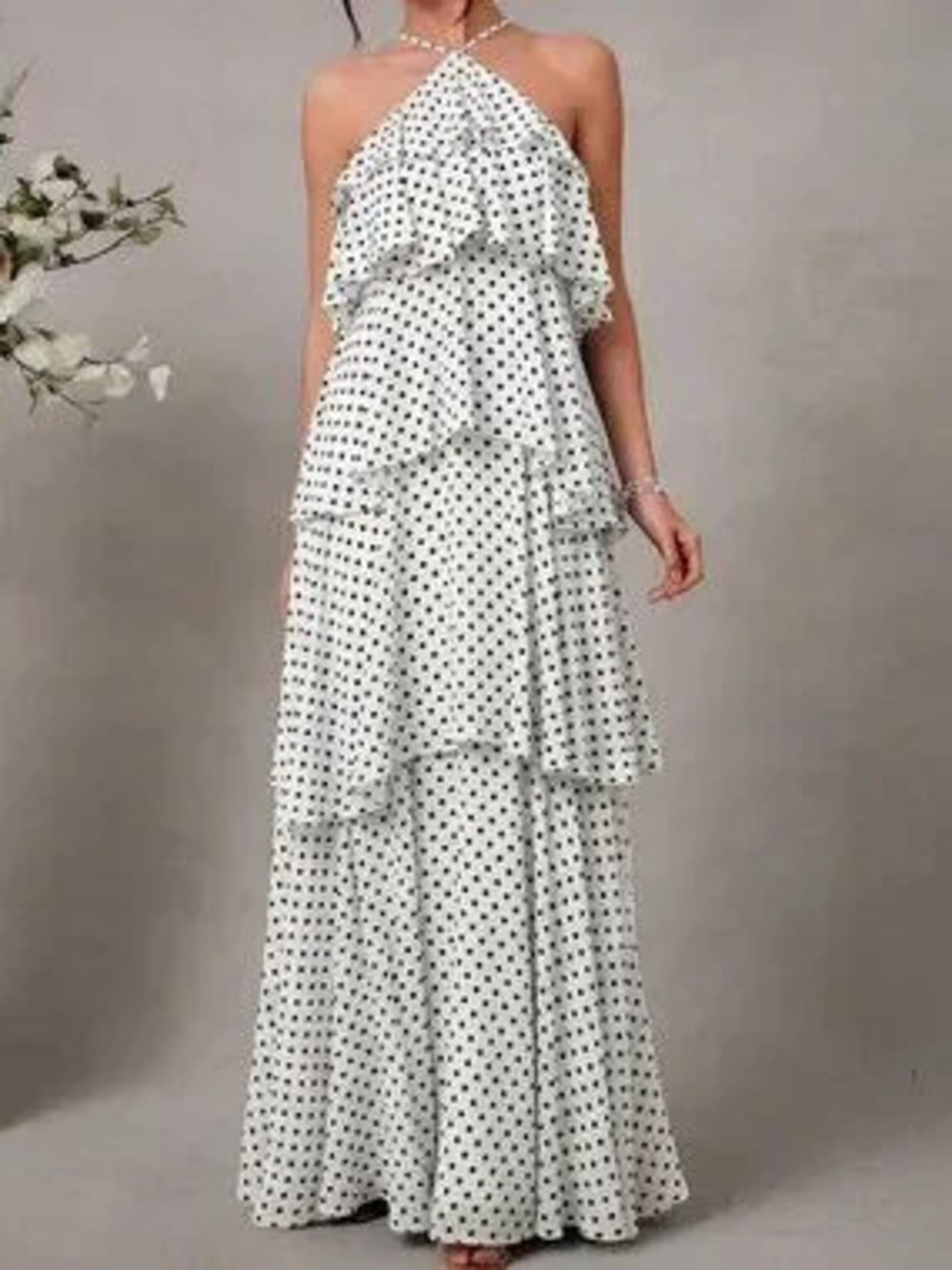 ZARA Black And White Sexy Women's Elegant Halter Tiered Chiffon Maxi Dress